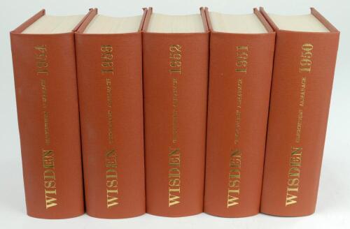 Wisden Cricketers’ Almanack 1950 to 1954. All five editions bound in uniform brown boards with titles in gilt to spines. All lacking original limp cloth covers. Very good condition throughout