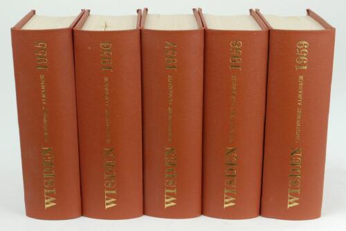 Wisden Cricketers’ Almanack 1955 to 1959. All five editions bound in uniform brown boards with titles in gilt to spines. All lacking original limp cloth covers. Very good condition throughout