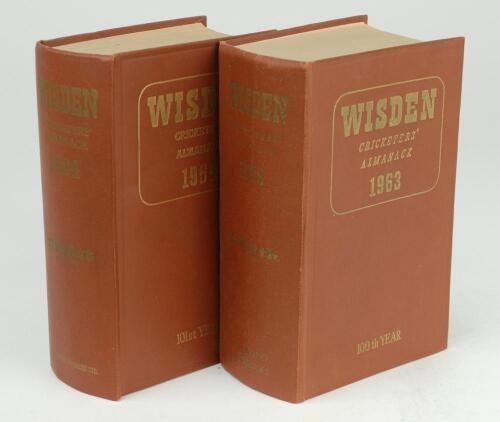 Wisden Cricketers’ Almanack 1963 and 1964. Original hardback editions. Dulling to the spine gilt titles of each edition, slight dulling to the front board titles otherwise in good+ condition