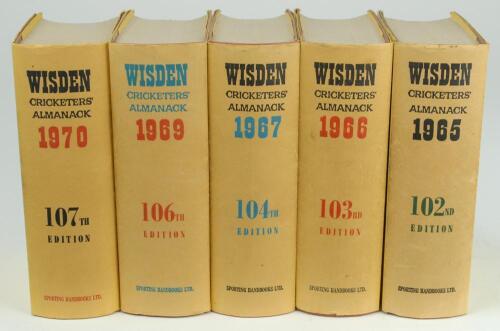 Wisden Cricketers’ Almanack 1965 to 1967 and 1969 to 1970. Original hardback editions with dustwrapper. All five editions with some age toning to the spine of the dustwrapper otherwise in good/very good condition. Qty 5