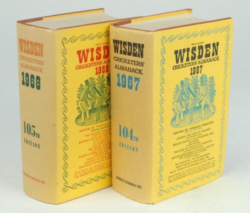 Wisden Cricketers’ Almanack 1967 and 1968. Original hardback editions with dustwrapper. Some age toning to dustwrapper spines otherwise in good+ condition. Qty 2