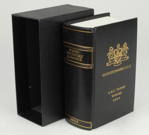 Wisden Cricketers’ Almanack 2005, 142nd edition. De luxe black full leather bound edition hardback especially bound to commemorate Gloucestershire’s success with gilt lettering to spine and front board ‘Gloucestershire C.C.C. ‘G&G Trophy Winners 2004’. In