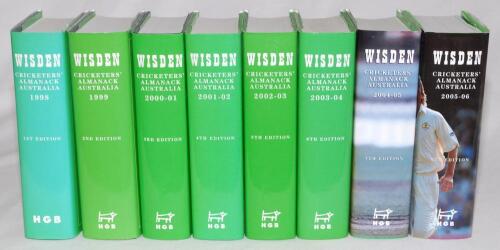 Wisden Cricketers’ Almanack- Australia 1998 - 2005/6. 1st to 8th Editions. Original hardbacks with dust wrappers. Qty 8 Slight fading to the spine of the dustwrapper of the 1998 edition otherwise in good/very good condition