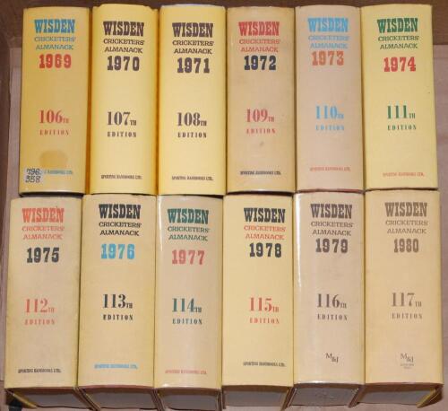 Wisden Cricketers’ Almanack 1969 to 1980. Original hardback editions with dustwrapper. The 1969, 1970 and 1971 editions ex libris, the 1970 and 1971 with replacement dustwrappers, the 1971 edition also has its original dustwrapper, some loss to top corner