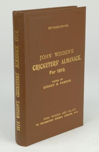 Wisden Cricketers’ Almanack 1919. Willows hardback reprint (1997) in dark brown boards with gilt lettering. Un-numbered limited edition. Very good condition