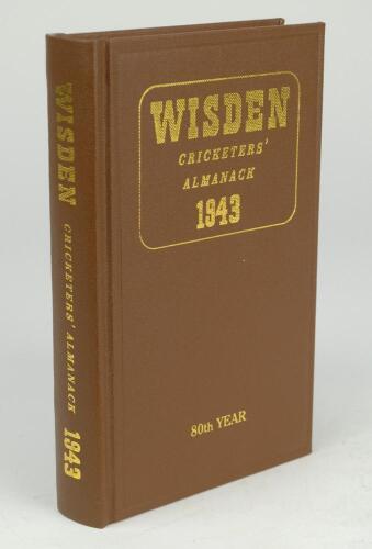 Wisden Cricketers’ Almanack 1943. Willows hardback reprint (2000) in dark brown boards with gilt lettering. Un-numbered limited edition. Very good condition