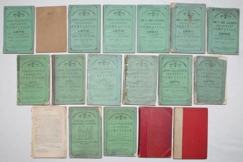 John (+ James) Lillywhite’s Cricketers’ Companion 1865-1885. Complete run of individual copies (one exception) of the ‘Green Lillywhite’ annual, each in original green wrappers unless stated. The 1865 (1st year of issue) lacking front wrapper and first fe