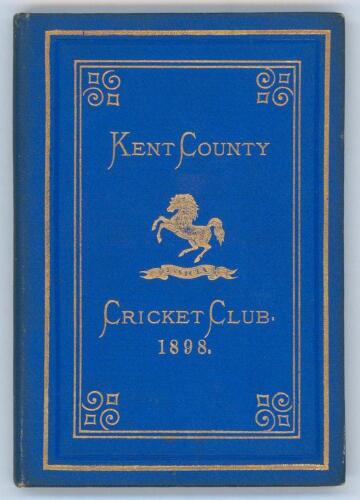 Kent County Cricket Club Annual 1898. Hardback ‘blue book’. Original decorative boards. Gilt titles and to all page edges with Kent emblem to centre. Printed by Cross & Jackman, Canterbury. Blind embossed bookplate ‘Library of Michael Beer’ to title page.