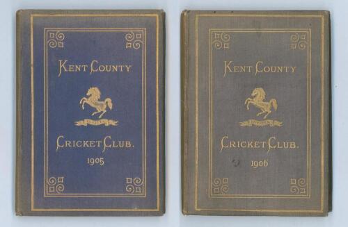 Kent County Cricket Club Annual 1905 & 1906. Hardback ‘blue book’. Two editions, each with original decorative boards, gilt titles and to all page edges with gilt Kent emblem to centre. Both printed by Cross & Jackman, Canterbury. Fading to spines and boa