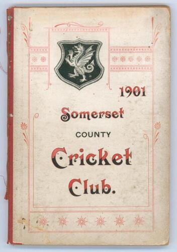 Somerset County Cricket Club Year Book 1901-02. 12th Edition. Compiled by G.S. McAulay. Hammett & Co, Taunton 1901. Original decorative boards. Minor soiling to boards, old tape marks to rear board, minor wear to spine otherwise in good copy. Scarce