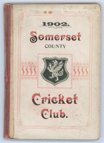 Somerset County Cricket Club Year Book 1902-03. 13th Edition. Compiled by G.S. McAulay. Hammett & Co, Taunton 1902. Original decorative boards. Some wear with small loss to the top of the front board, old tape to entire length of spine paper, tape reinfor