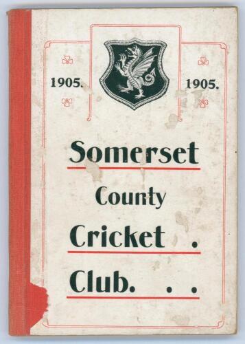 Somerset County Cricket Club Year Book 1905-06. Compiled by G.S. McAulay. E.S. & A. Robinson Ltd, Taunton 1906. Original decorative boards. Boards with some wear and soiling, small loss to corner edge of title page paste down otherwise in very good condi