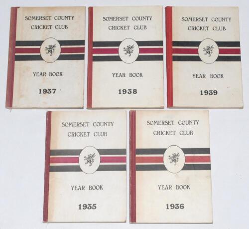 Somerset County Cricket Club Year Book 1935, 1936, 1937, 1938 and 1939. Hamment & Co, Taunton. Original decorative boards. Minor age toning to boards, some wear and slight breaking to the odd internal hinge otherwise in good+ condition. Qty 5
