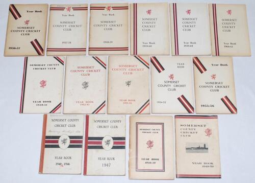 Somerset County Cricket Club Year Book 1940-1946, 1947, 1948-49 to 1967-1968 and Handbooks/Year Books/Almanacs for 1979 to 2022-23. Lacking the 1951-1952 and 1966 editions plus a duplicate edition of the 1959-60 edition. Original decorative boards and wra