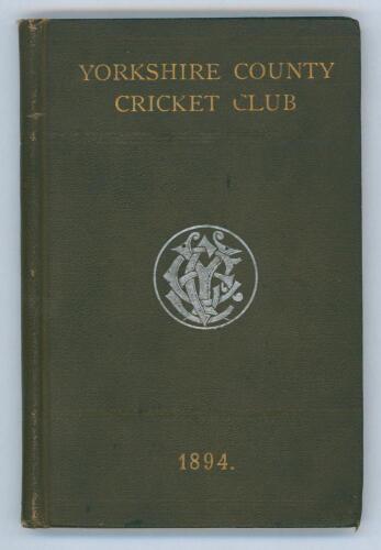 Yorkshire C.C.C. Annual 1894. 2nd year of issue. 136pp. Edited by J.B. Wostinholm. J. Robertshaw, Sheffield, printer. Original olive boards with titles in gilt to front board and white ‘Y.C.C.’ emblem to centre, gilt to page edges. Ownership signature to 