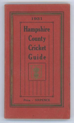 Hampshire C.C.C. County Cricket Guide 1931. Official County Guide edited and published by H. King, ‘Southern Newspapers Ltd.’. Original red decorative wrappers. Padwick 2029. Very good condition