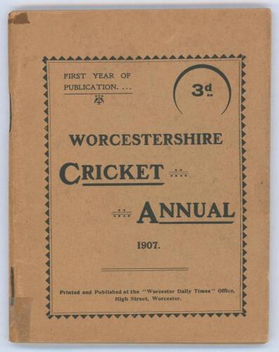 ‘Worcestershire Cricket Annual 1907’. Rare copy of the first (and only) year of publication. Original green paper wrappers, the front wrapper and the majority of the rear faded to brown. 126pp plus advertising page to rear. Padwick 2844. Bookplate of Anth