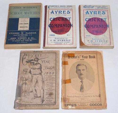 Cricket annuals 1888-1929. ‘The Cricket Year Book 1888’. Published by Abel Heywood & Son, Oldham Street, Manchester. Original pictorial boards wear and soiling, old tape reinforcement to spine, rusting to staples. ‘”Cricket’s” Year Book for 1898’, ‘Cricke