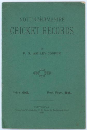 &lsquo;Nottinghamshire Cricket Records. F.S. Ashley-Cooper. Nottingham 1928. Original wrappers. Minor age toning and wear to wrappers. Good condition