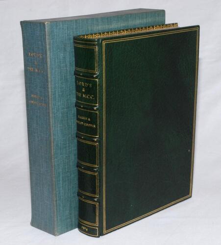 ‘Lord’s and the M.C.C.’. Lord Harris & F.S. Ashley-Cooper. London 1914. Beautifully bound in full green leather by Bayntun-Riviere of Bath with decorative gilts and raised bands to spine, gilt to all page edges, marbled endpapers with gilt dentelle decora