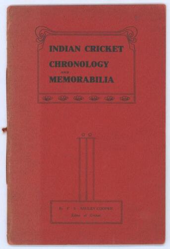 &lsquo;Indian Cricket Chronology and Memorabilia&rsquo;. F.S. Ashley-Cooper. Merritt and Hatcher 1911. Original red decorative paper wrappers with red cord to spine. 16pp. Limited edition of only thirty copies produced, this being no. 6. Limitation statement to rear 