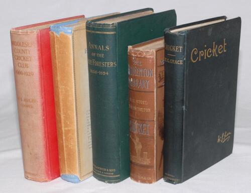 Cricket biographies and club histories. Five first edition (unless stated) hardback titles. ‘Cricket’, W.G. Grace, Bristol 1891, breaking to internal hinges. ‘The Badminton Library of Sports and Pastimes. Cricket’, Duke of Beaufort, second edition, London