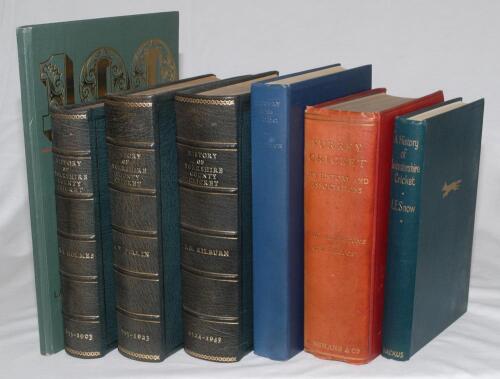 County cricket histories. Seven hardback titles including &lsquo;The History of Yorkshire County Cricket&rsquo;, three volumes, each rebound in matching dark green full leather, gilt titles and raised bands to spines. Volumes cover 1833-1903, R.S. Holmes 1904, 1903-1