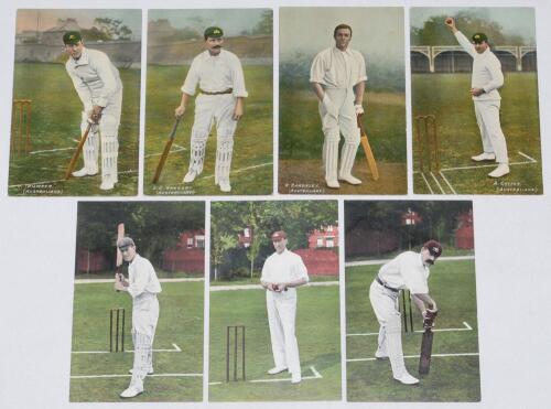 Australian cricketers 1905 & 1909. Seven early colour postcards of Australian cricketers, each depicted full length at the wicket. Includes three of members of the 1905 touring side to England, V. Trumper, F. Laver and J. Darling, Valentine Series, and fo