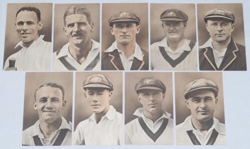 England tour to Australia 1936/37. ‘Test Match Favourites’. Nine original sepia postcards of head and shoulder images of Australia players who played in the 1936/37 Ashes series, originally presented with ‘The Triumph’ comic published by Amalgamated Press