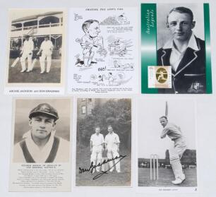 Don Bradman. A selection of six postcards featuring Bradman. Includes one real photograph postcard of Bradman depicted standing full length with Maurice Leyland on the 1930 tour to England. Walker’s Studios, Scarborough. Boldly signed in black ink by Brad