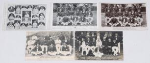 South Africa tours to England 1907 & 1912. Five mono postcards (one real photograph) of South Africa touring teams depicted seated and standing in rows, one with cameos. Includes two from the 1907 tour by F. Bustin of Bristol and Scott of Manchester, and 