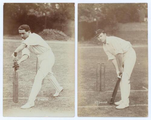 Sibley John ‘Tip’ Snooke and Gordon Charles White, South Africa. Two early sepia real photograph postcards of Snooke (Border, Western Province, Transvaal & South Africa 1897-1924) and White (Transvaal & South Africa 1902-1912), each depicted in batting po