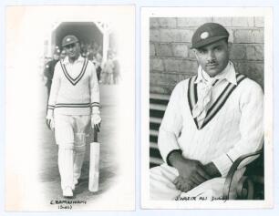 Cotar Ramaswami and Syed Wazir Ali, India 1936. Two mono real photograph plain back postcards, one a vignette of Ramaswami (Hindus, Madras & India 1926-1942) full length walking out to bat for the Indians at Scarborough in 1936, the other of Wazir Ali (Mu