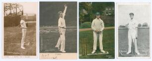 Colin Blythe. Kent & England 1899-1914. Four early postcards of Blythe, all depicted standing full length either in bowling pose or at the wicket holding a ball. Includes two mono real photograph postcards by Kingsway Real Photo Series no. S11379 and Wren