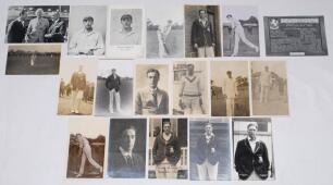 Frank Edward Woolley. Kent & England 1906-1938. A good selection of nineteen postcards featuring Frank Woolley throughout his playing career. Includes thirteen mono and sepia real photograph postcards of Woolley in cricket attire, studio portraits, battin