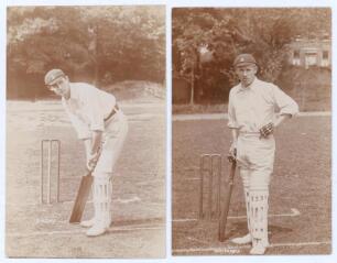 Samuel Hulme ‘Sam’ Day and Edward ‘Punter’ Humphreys. Kent. Two early sepia real photograph postcards, one of Day (Kent & Cambridge University 1897-1919) in batting pose, the other of Humphreys (Kent 1899-1920) standing full length at the wicket leaning o