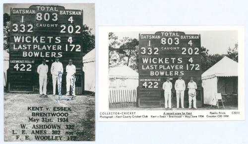 ‘Kent v. Essex, Brentwood May 31st 1934’. Record score. Two mono real photograph postcards depicting Bill Ashdown, Les Ames and Frank Woolley standing in front of the scoreboard, Kent having recorded their record County Championship score of 803 for four 