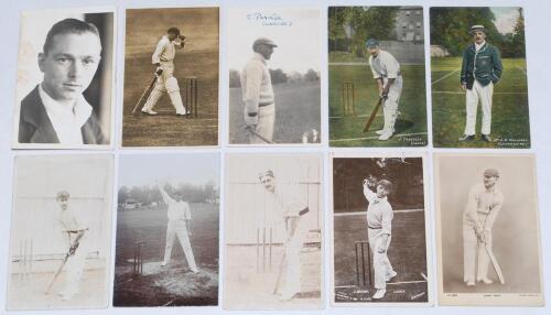 Lancashire C.C.C. 1900s-1930s. Eight mono and sepia real photograph postcards of Lancashire players in batting and bowling poses etc. Players are Johnny Tyldesley, Syd Barnes, A.H. Hornby, Jack Sharp, Jimmy Heap, E. Greenhalgh and Eddie Paynter (two diffe