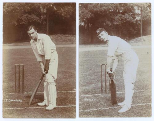 Leicestershire C.C.C. Reginald Crawford and Albert Knight. Two early sepia real photograph postcards of Crawford (Leicestershire 1901-1911) and Knight (Leicestershire & England 1895-1912) each standing full length in batting pose. Both postcards by Foster