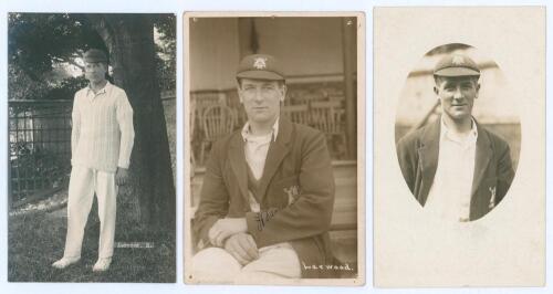 Harold Larwood. Nottinghamshire, Europeans & England 1924-1938. Three mono/ sepia real photograph postcards of Larwood, one depicted standing full length in cricket attire and cap. Nias of Brighton. Very good condition. Another of Larwood seated three qua