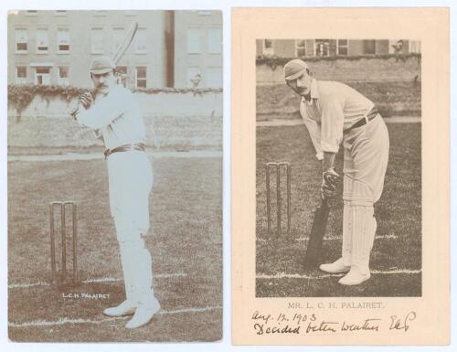 Lionel Charles Hamilton Palairet. Oxford University, Somerset & England 1890-1909. Early sepia real photograph postcard of Palairet standing full length at the wicket with bat raised. Blind embossed stamp for Foster of Brighton to lower right corner. Post