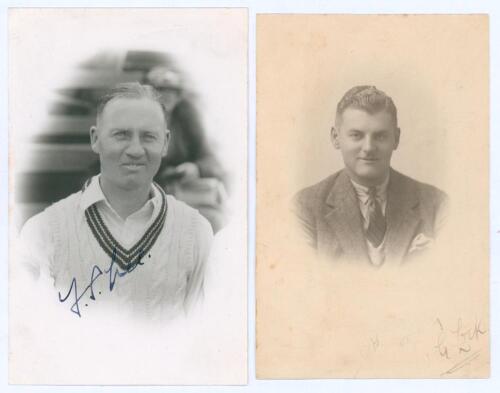 Frank Stanley Lee. Middlesex & Somerset 1925-1947. Mono real photograph postcard of Lee, head and shoulders in cameo wearing cricket attire. Nicely signed in ink by Lee. Official stamp for A. Wilkes & Son to verso with annotation, ‘April 18th 1940. Autogr