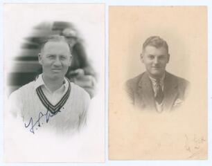 Frank Stanley Lee. Middlesex & Somerset 1925-1947. Mono real photograph postcard of Lee, head and shoulders in cameo wearing cricket attire. Nicely signed in ink by Lee. Official stamp for A. Wilkes & Son to verso with annotation, ‘April 18th 1940. Autogr