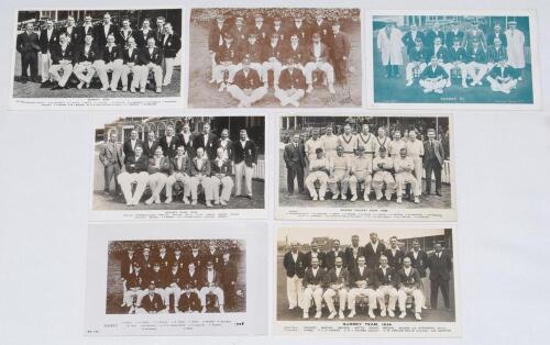 Surrey C.C.C. 1908-1939. Five mono/ sepia real photograph postcards of Surrey teams, the players depicted seated and standing in rows wearing cricket attire and/ or Surrey blazers. Teams are 1908 (Rival Photographic Series no. 1604), 1934, 1936 (both unat