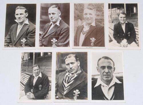 Surrey C.C.C. 1908-1939. Seven mono/ sepia real photograph postcards of Surrey players, each depicted head and shoulders wearing cricket attire and blazer, two signed. Players are A.R. Gover (2 different, one signed in ink to the photograph by Gover), H.M