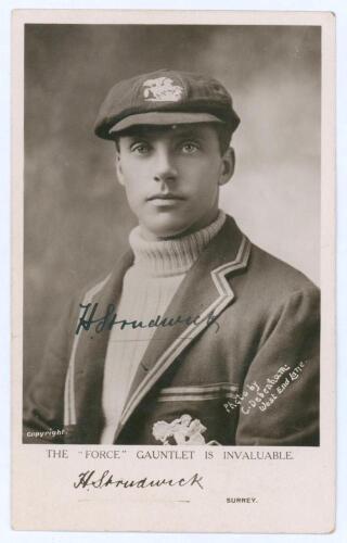 Herbert Strudwick. Surrey & England 1902-1927. Sepia real photograph advertising postcard of Strudwick, head and shoulders wearing M.C.C. tour blazer and cap. Very nicely signed in black ink to the photograph by Strudwick. Photograph by C. Debenham. Summe