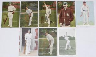 Surrey C.C.C. early 1900s. Eight early colour postcards of Surrey players depicted in varying batting and bowling poses etc. Players are T. Hayward (3 different), J.B. Hobbs (2, both incorrectly titled, one ‘J.R. Hobbs’, the other ‘G. Hobbs’), J.N. Crawfo