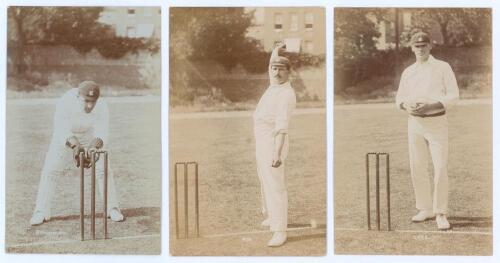 Surrey C.C.C. early 1900s. Three early sepia real photograph postcards of Surrey players, each depicted full length at the wicket wearing cricket attire and Surrey cap. Players are H. Strudwick (Surrey & England 1902-1927) in wicket-keeping pose, E.H.L. N