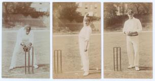 Surrey C.C.C. early 1900s. Three early sepia real photograph postcards of Surrey players, each depicted full length at the wicket wearing cricket attire and Surrey cap. Players are H. Strudwick (Surrey & England 1902-1927) in wicket-keeping pose, E.H.L. N