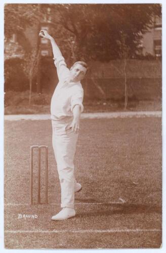 Leonard Charles ‘Len’ Braund. Surrey, Somerset & England 1896-1920. Early original sepia real photograph postcard of Braund standing full length at the wicket in bowling pose. Foster of Brighton. Postally unused. Minor wear to edges and corners, otherwise